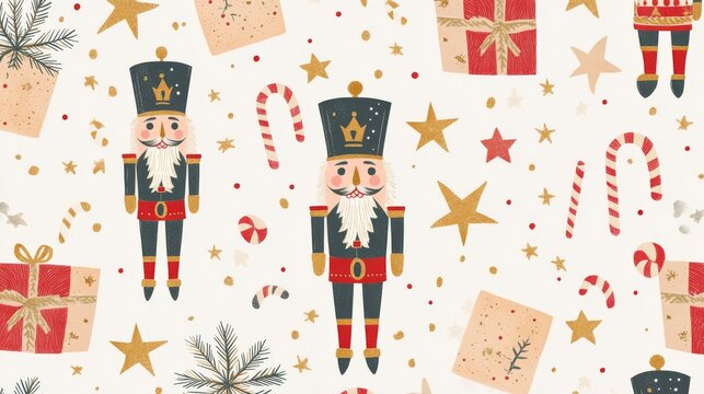 38.A seamless Christmas pattern with adorable nutcracker illustrations in shimmering gold tones, scattered among stars and candy canes, creating a playful yet elegant theme for wrapping paper or