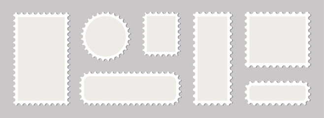 Blank postage stamps borders vector set. Mockup postage stamps with shadow. Realistic trendy post stamps set. Vector illustration.