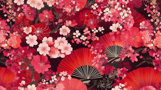 42.A repeating pattern with vibrant cherry blossoms in a mix of red and pink tones, accompanied by traditional Japanese motifs like folding fans and kimono textures. The harmonious design is suitable