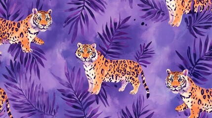 Obraz premium 46.A seamless watercolor pattern featuring tiger and leopard prints in vibrant purple tones, with delicate brushstroke textures creating an artistic and playful vibe. Ideal for wrapping paper and