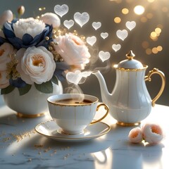 cup of tea with flowers and teapot