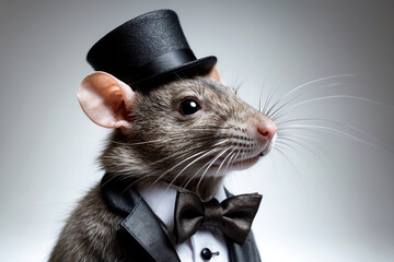 Close-up of rat in mini hat and bowtie, white background, fashion animal