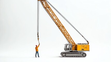 Worker Connecting Crane Hook for Machinery Operation on Clean White Background