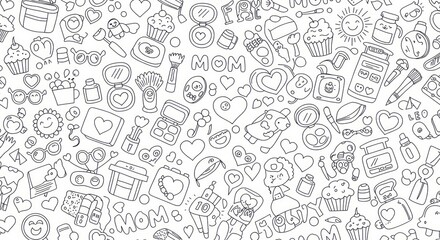 Seamless pattern of cute hand drawn items for mom's day celebration or mother's birthday with hearts, cupcakes and makeup