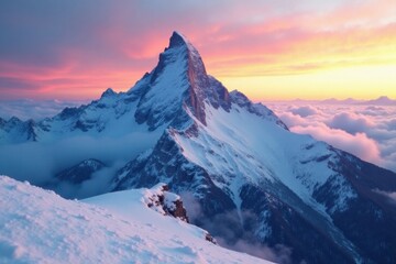 Obraz premium Snowy mountain peak with misty sunrise background, mountain, sunrise