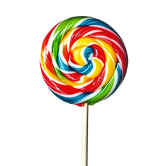 Colorful lollipop with swirling rainbow colors isolated on a transparent background