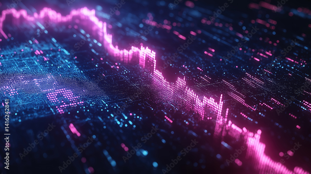 Wall mural abstract financial data visualization with glowing blue and pink stock market charts on a dark scree