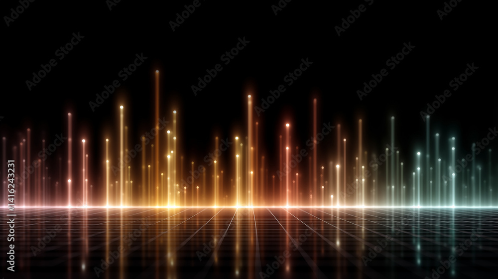 Aufkleber data visualization: a vibrant digital cityscape of interconnected light columns emerges against the 