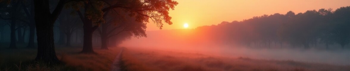 Soft fog veils centuries old woods, sunrise warms the air, dawn, serene