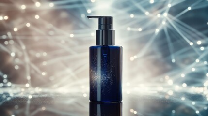 Dark blue bottle with pump on reflective surface glowing light in the background skincare or cosmetic product for advertising or marketing 