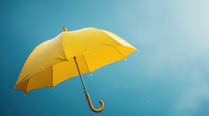 Vibrant yellow umbrella shielding from the rain, closeup of water droplets yellow