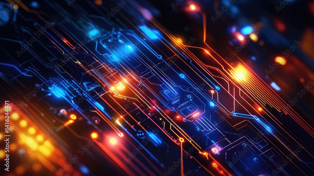 Poster colorful abstract technology background featuring vibrant circuit lines, glowing lights, and intrica