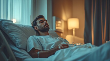 Fototapeta premium A man resting in a hospital bed, reflecting tranquility and recovery, surrounded by modern healthcare elements.