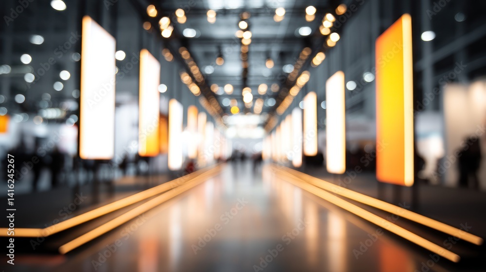 Poster a modern exhibition hall with illuminated pathways and blurred figures, creating a dynamic atmospher
