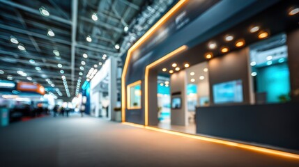 A modern exhibition hall showcasing innovative designs with bright lights and spacious layout, perfect for business events and trade shows.