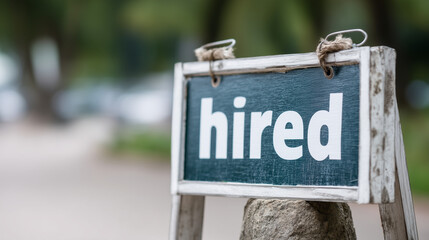 Hired Sign:  A rustic, weathered sign proudly displays the word "hired" in bold, white letters against a dark green background.