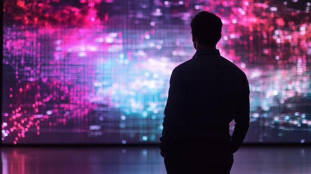 A person gazing at a vibrant digital display, showcasing a fusion of colors and patterns in a modern tech environment.