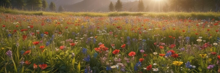 Fototapeta premium Sunlit meadow bursting with colorful wildflowers, floral, petals
