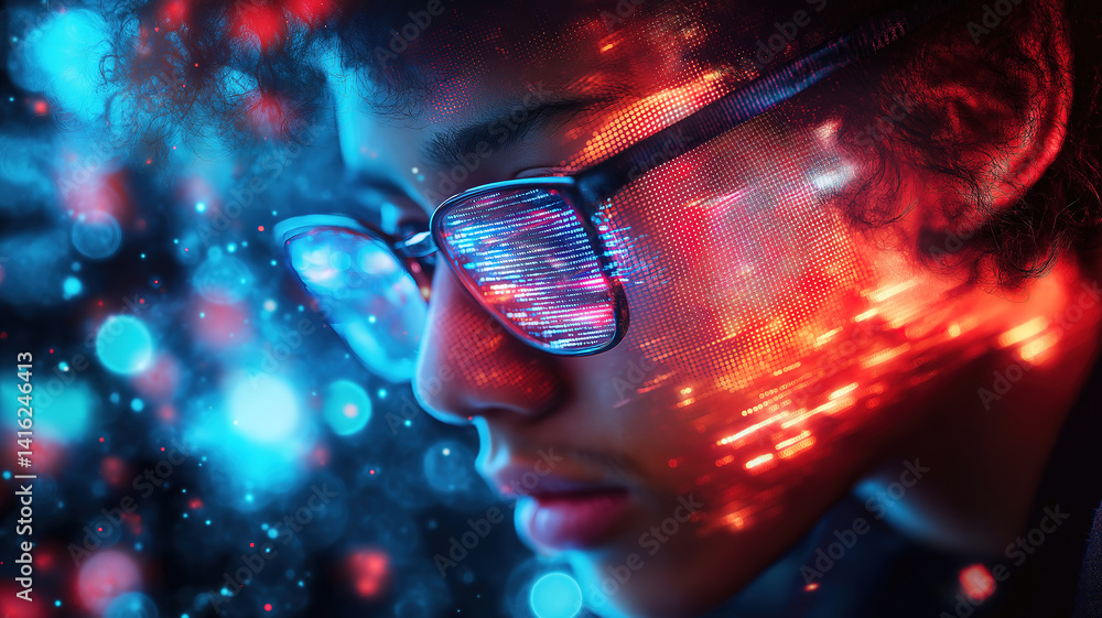 Poster intense gaze of young man examining colorful digital data flows in virtual tech environment