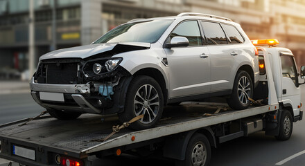 Silver Suv on a Tow Truck after Car Accident on City Street During Daytime