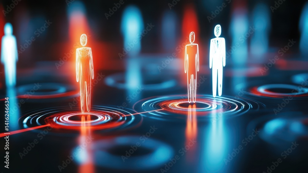 Poster people in a circle, visual representation of connection with red and blue circular elements