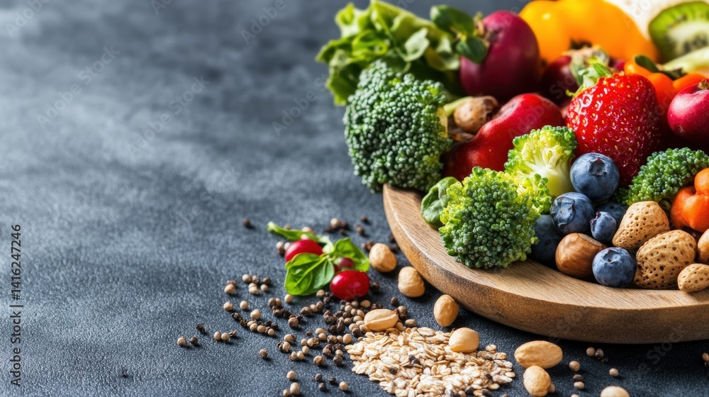 Aufkleber a colorful array of fresh fruits vegetables nuts and seeds displayed on a rustic wooden platter agai