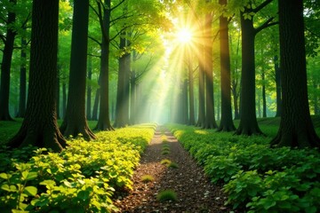Fototapeta premium Sonnenstrahlen in einem gr?nen Waldpanorama durch das Blattwerk, natur, dachgesimse