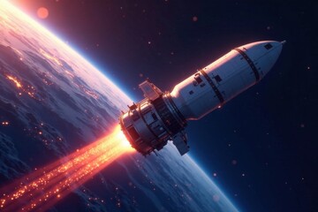 Obraz premium Spacecraft connected to satellite via fiber optic cable , internet, satellite