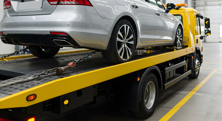 Obraz premium Silver Car Securely Transported on a Yellow Tow Truck with Chains in an Indoor Facility