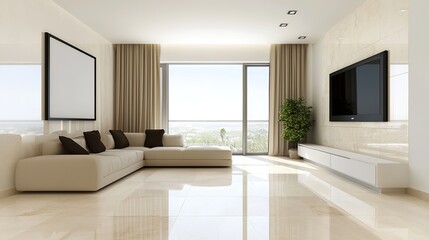 Modern neutral living room chaos serenity meets style in a gigapixel-quality space