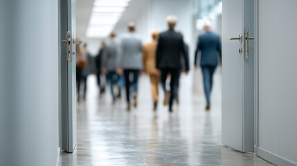 Businesspeople in Hallway: Capturing the subtle movement and energy of a corporate environment, a diverse group of business professionals walks down a bright hallway.