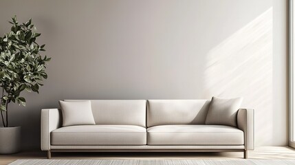 Sleek minimalist sofa in neutral tones modern living room interior design bright environment contemporary viewpoint