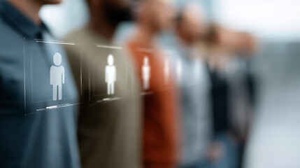 Teamwork and Digital connection: A group of diverse professionals stand shoulder to shoulder, with digital icons of people overlaid on their shirts.