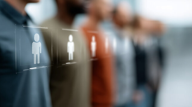 Teamwork and Digital connection: A group of diverse professionals stand shoulder to shoulder, with digital icons of people overlaid on their shirts.