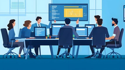Team office meeting, showcasing serene balance