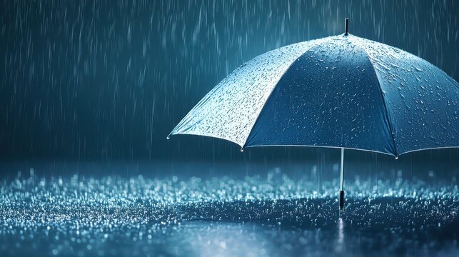 Vibrant blue umbrella stands resilient against the falling rain blue