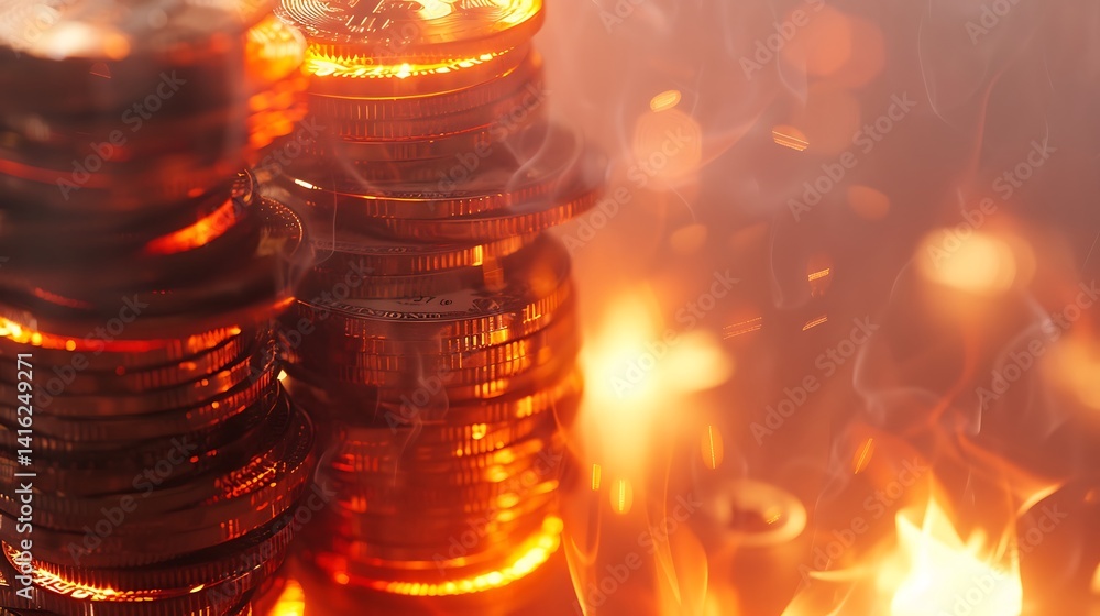 Poster a stack of coins illuminated by flames, creating a dramatic effect that symbolizes wealth and the vo