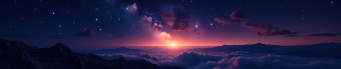 Naklejka premium Sparkling stars on inky blackness, starry expanse above horizon, heavenly, night