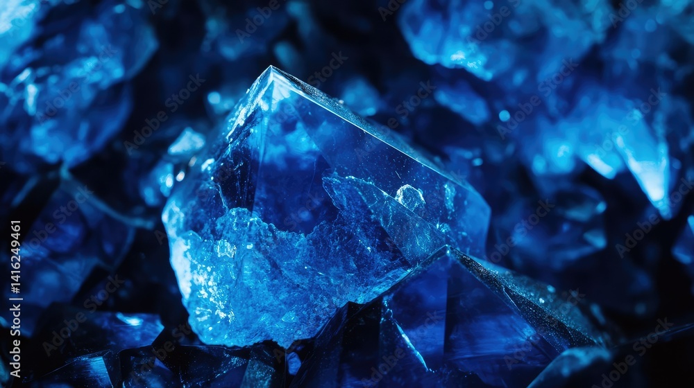 Poster glimmering blue crystal formations on dark background with intricate textures and sharp edges, highl