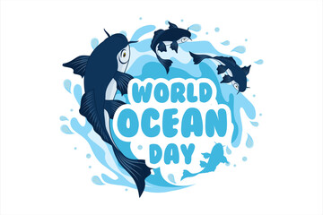 Clean and modern vector illustration for World Oceans Day, featuring marine life and ocean conservation elements. Ideal for posters, social media, campaigns, and educational use