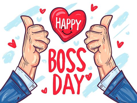 A colorful illustration depicting two thumbs up with a heart, celebrating "Happy Boss Day.