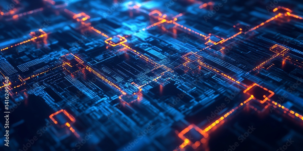 Poster digital network structure illuminated by blue and orange lights showing intricate connections and no
