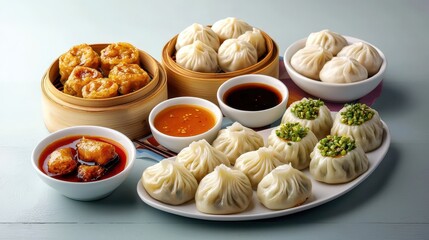 Chinese cuisine concept with dim sum and street food. Delicious assortment of dumplings served with various sauces in elegant dishes.