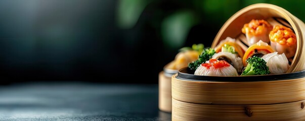 Chinese cuisine concept with dim sum and street food. Delicious dim sum served in a traditional bamboo steamer basket.