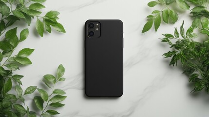 Sleek Black Phone Case with Green Leaves