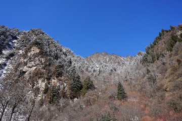 Mountain in Bipenggou Valley (Bipenggou National Park) , northern Sichuan, China. Winter travel 