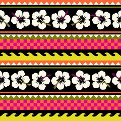Hibiscus and wave with stripes seamless pattern design for summer holidays background.