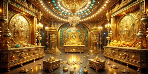 Obraz premium Opulent golden chamber filled with glittering gemstones and ancient relics