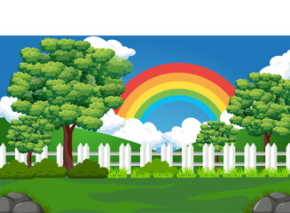Colorful Nature Landscape with Rainbow, Trees, and White Picket Fence