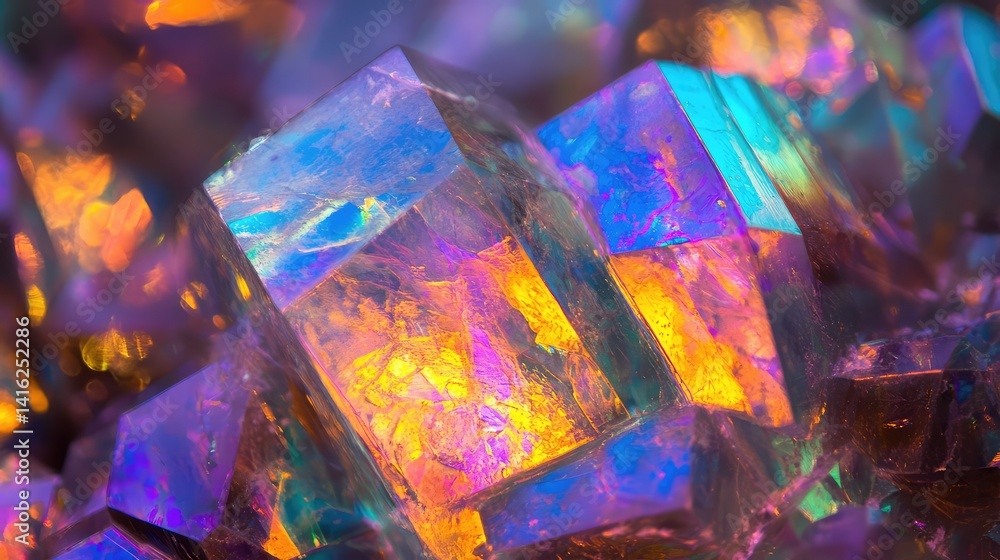 Poster vibrant macro image of iridescent crystals glimmering in a rainbow of colors with intricate details 